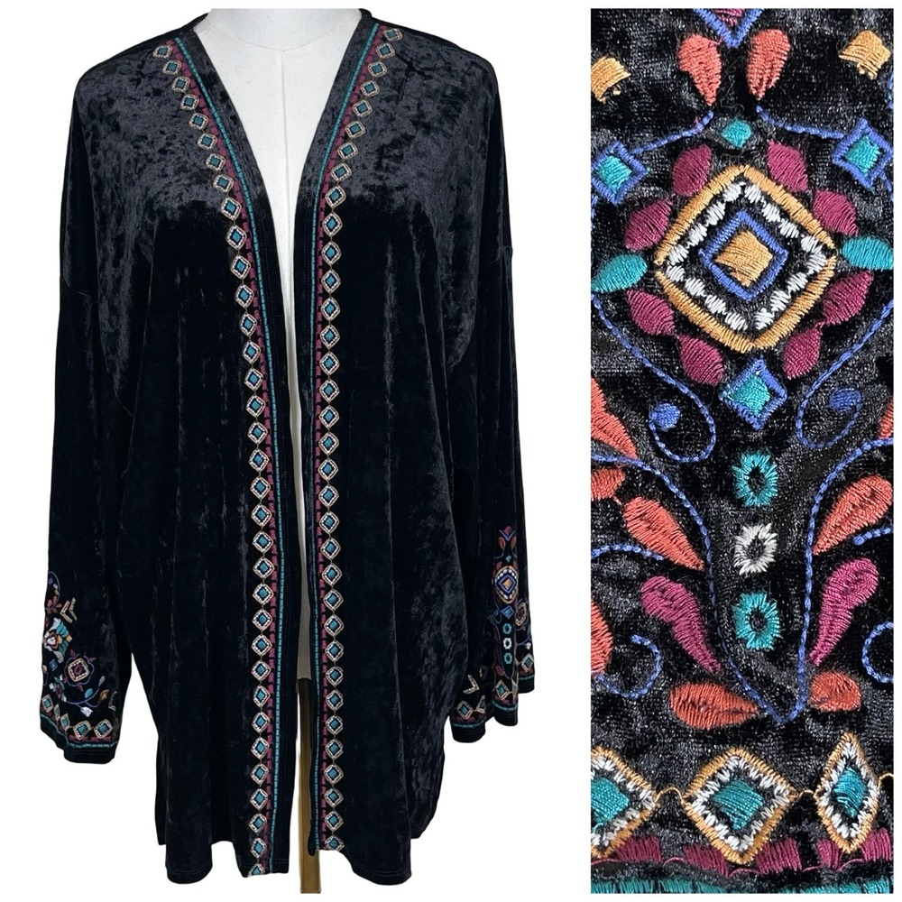 Cato Velvet Embroidered Kimono Women 14/16W‎ Black Cardigan Boho Festival Hippie